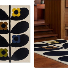 Petal multicolour floral patterned rug with black, yellow, and blue flowers on a beige background wool rug in a room