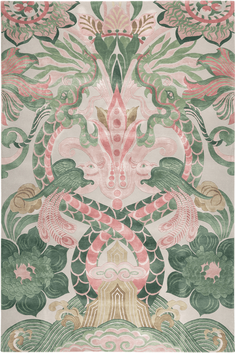 Rajtaraa traditional floral decorative pattern with pink and green elements hand tufted wool rug