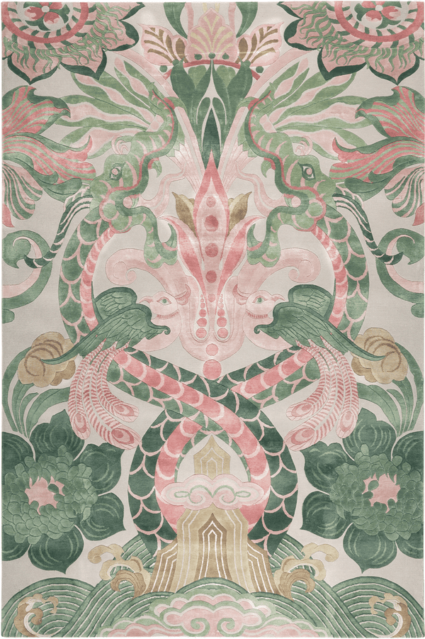 Rajtaraa traditional floral decorative pattern with pink and green elements hand tufted wool rug